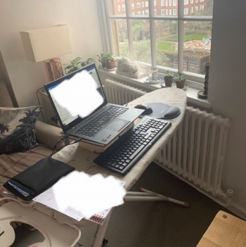 work from home set up on ironing board